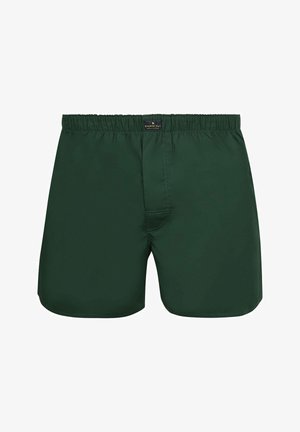 Donkergroene boxershorts voor mannen met elastische tailleband en gulp aan de voorkant, met het label "Steppin' Out" op de tailleband.