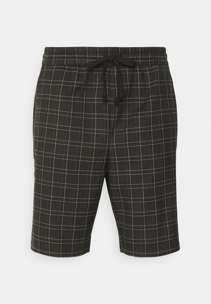 Shorts à carreaux noirs avec taille élastiquée et cordon de serrage, présentant un motif quadrillé beige. Confectionnés dans un tissu léger, longueur jusqu'au genou.