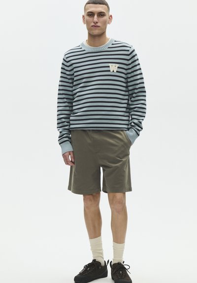Jeune homme portant un pull à rayures bleu clair et noir avec un écusson "W", un short olive, des chaussettes crème et des baskets noires, debout avec une main dans la poche.