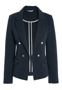 Blazer doppiopetto navy con bottoni dorati, revers a punte e tessuto testurizzato. Presenta una rifinitura a righe bianche lungo la parte frontale.