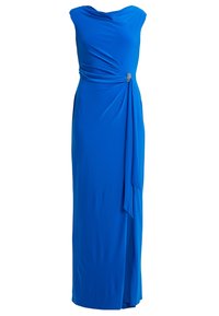 Blue jersey maxi dress with a draped neckline, ruched bodice, and decorative side brooch detail. Features a side slit for added style.