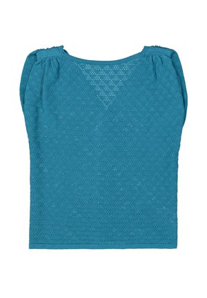 Teal, kort mouwtop gemaakt van textuur gebreide stof met een diamantpatroon. Ronde halslijn met geraffineerde schouderaccenten.