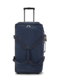 Valigia a rotelle blu navy realizzata in tessuto resistente, con manico telescopico, due ruote, cerniera superiore e spallacci incrociati.
