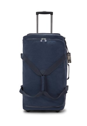 Navy blue rolling suitcase made of durable fabric, featuring a telescoping handle, two wheels, top zipper, and crossbody straps.