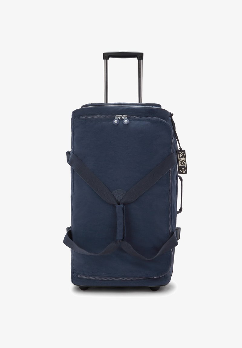 Valigia a rotelle blu navy realizzata in tessuto resistente, con manico telescopico, due ruote, cerniera superiore e spallacci incrociati.