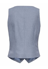 Vaaleansininen räätälöity liivi, jossa on sileä pinta, neliömäinen pääntie ja ainutlaatuinen takaosan halkio.