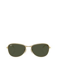 Occhiali da sole Ray-Ban con montatura in metallo dorato, lenti verde scuro e sottili supporti per il naso. Design elegante con una forma classica da aviatore.