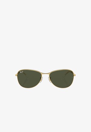 Occhiali da sole Ray-Ban con montatura in metallo dorato, lenti verde scuro e sottili supporti per il naso. Design elegante con una forma classica da aviatore.