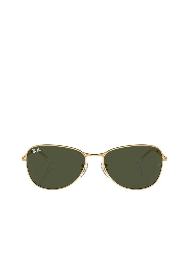 Occhiali da sole Ray-Ban con montatura in metallo dorato, lenti verde scuro e sottili supporti per il naso. Design elegante con una forma classica da aviatore.