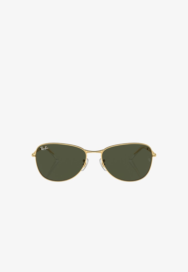 Occhiali da sole Ray-Ban con montatura in metallo dorato, lenti verde scuro e sottili supporti per il naso. Design elegante con una forma classica da aviatore.