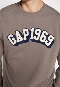 Le sweat-shirt gris présente un col rond et un logo brodé "GAP 1969" en contraste navy et crème, avec une texture douce.