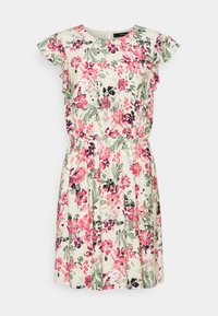 Kukkoja pitkin lyhyt mekko, jossa on kerma tausta ja vaaleanpunaisia sekä vihreitä kukkakuoseja. Pyöreä pääntie ja röyhelöillä varustetut hihansuut. Venyvä vyötärö.