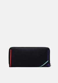 Black leather wallet with a textured finish, featuring red, purple, and teal accent stitching along the edges. Zipper closure across the top.