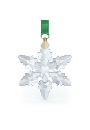 Clear crystal snowflake ornament with pointed edges, featuring intricate facets. Green fabric loop for hanging and gold-tone metal accents.