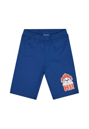 Blaue Baumwollshorts mit elastischem Bund. Auf der rechten Seite befindet sich ein Patch mit einem Cartoon-Charakter, der "HI!" sagt. Weicher Stoff, knielanges Design.