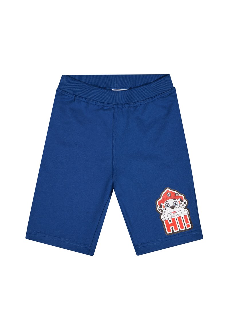 Blaue Baumwollshorts mit elastischem Bund. Auf der rechten Seite befindet sich ein Patch mit einem Cartoon-Charakter, der "HI!" sagt. Weicher Stoff, knielanges Design.