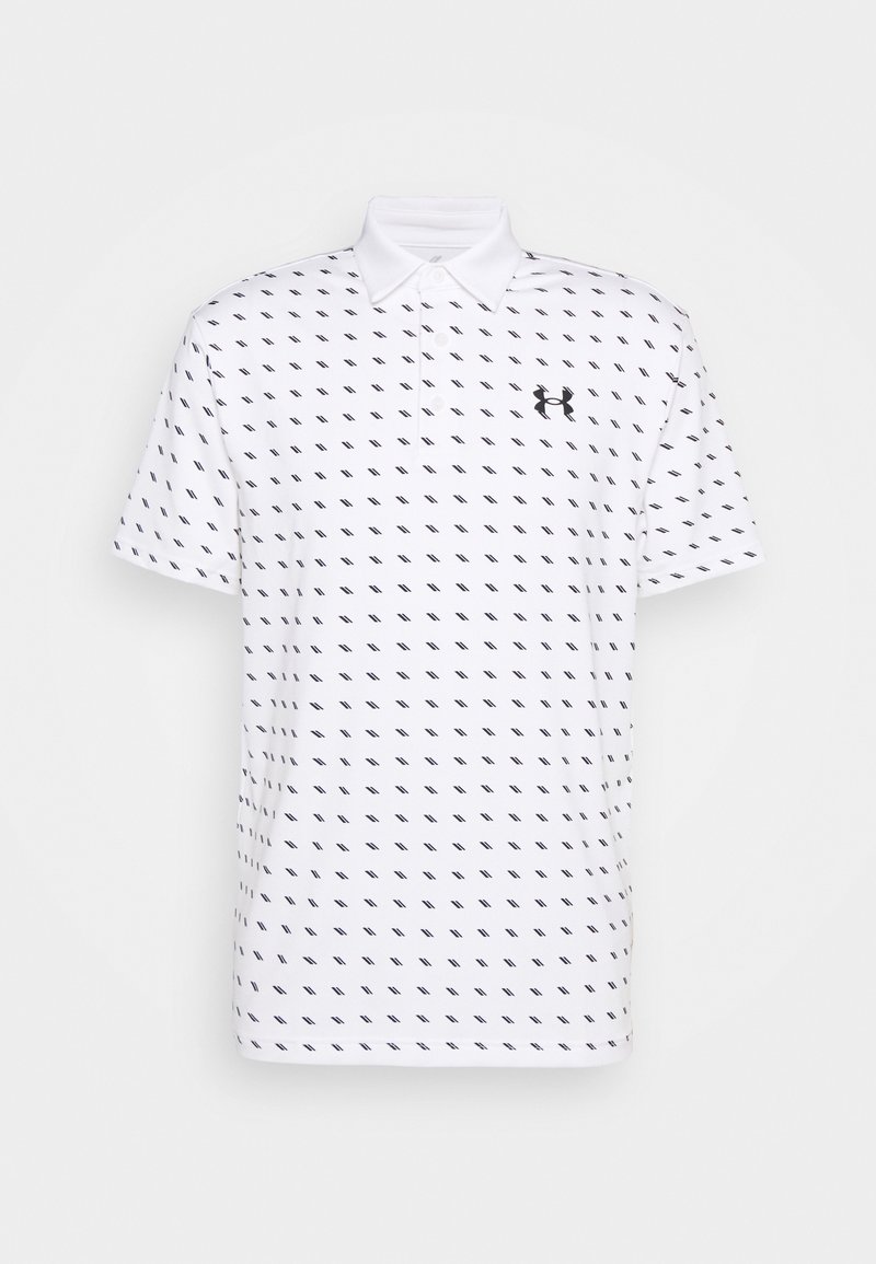 Bílá polo tričko s opakujícím se námořnickým diamantovým vzorem, krátké rukávy, límeček na knoflíky a malé černé logo na hrudi.