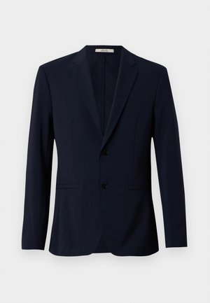 Marineblaue Zweiknopf-Blazer aus glattem Stoff, mit Reverskragen, zwei Vordertaschen und einem Schlitz im Rücken.