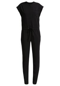 Combinaison noire sans manches avec boutons à l'avant, taille avec cordon et jambes fuselées.