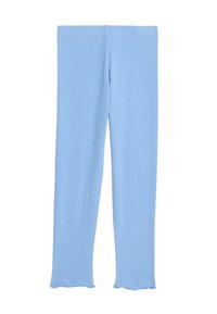 Leggings bleu clair fabriqués en tissu côtelé, dotés d'une taille sans couture et de bords froncés au niveau de la cheville.