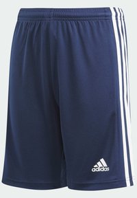 Siniset urheilushortsit, jotka on valmistettu sileästä kankaasta, jossa on joustava vyötärö, valkoiset kolmisarja-kuvioinnit sivuilla ja adidas-logo.