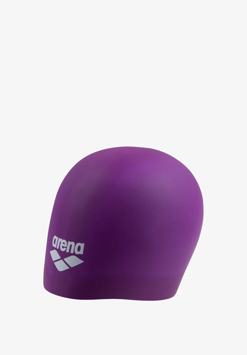 Gorro de natación de silicona morado con el logo y diseño blanco "arena" en el lateral.
