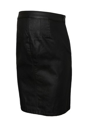 Black denim skirt with a fitted silhouette, a smooth leather waistband, simple stitching, and side pockets. No visible patterns or accents.