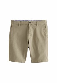 Khaki színű pamut sort, gombos záródással, övhurkokkal és két oldalsó zsebbel; sima textúrájú és testre szabott fazonú.