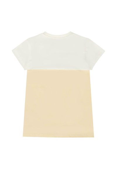 T-shirt a maniche corte per bambini con la parte superiore bianca e la parte inferiore beige, con colletto girocollo, disteso mostrando il retro.