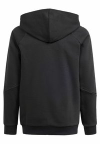 Sweatshirt noir avec une capuche, fabriqué en tissu doux. Il présente des manches longues et des poignets et un ourlet côtelés. Design simple et sans embellissements.