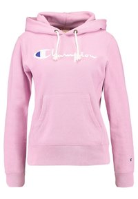 Felpa con cappuccio rosa, dotata di tasca frontale, logo "Champion" ricamato in bianco e lacci. Texture morbida e polsini a costine.