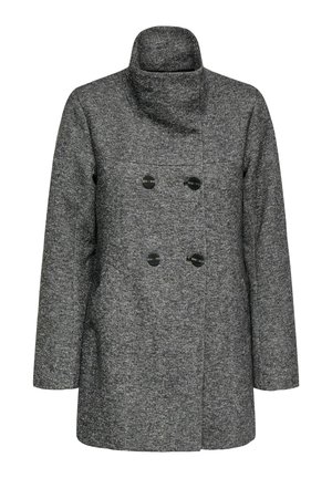 Manteau gris femme en mélange de laine, double boutonnage avec col montant et manches longues, présenté sur fond blanc.