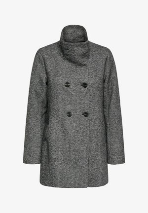Manteau gris femme en mélange de laine, double boutonnage avec col montant et manches longues, présenté sur fond blanc.