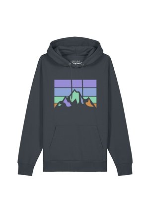 Dark gray hooded sweatshirt with front pocket and a colorful graphic of stylized mountains against horizontal stripes in purple, blue, green, and orange.
