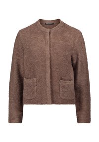 Brauner strukturierter Strickcardigan mit langen Ärmeln, rundem Halsausschnitt, vorderen Taschen und ohne sichtbare Knöpfe oder Reißverschluss.