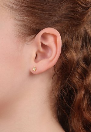 Goldstern-förmiger Ohrstecker mit einem kleinen klaren Edelstein in der Mitte, der in einem durchstochenen Ohr vor einem Hintergrund aus lockigem braunem Haar platziert ist.