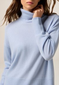 Maglione a collo alto di un blu chiaro realizzato in tessuto morbido, dotato di polsini a coste e un orlo largo. Texture liscia con una vestibilità comoda.