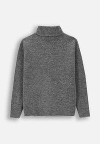 Szary dzianinowy sweter z długim rękawem i golfem, z prążkowanymi mankietami, dolnym brzegiem i kołnierzem, widziany od tyłu na jednolitym tle.