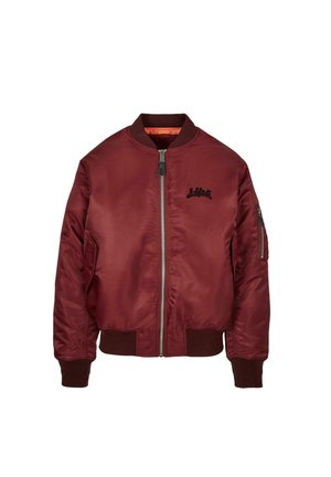 Maroon bomber jacket with a smooth, glossy finish. Features a front zipper, ribbed cuffs, and an embroidered logo on the chest.