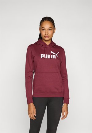 Maroon hoodie with a kangaroo pocket, featuring a large white "PUMA" logo on the chest and drawstring hood. Smooth, textured fabric.