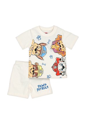 White children's outfit with Paw Patrol characters on the t-shirt and "Paw Patrol!" text on the shorts.