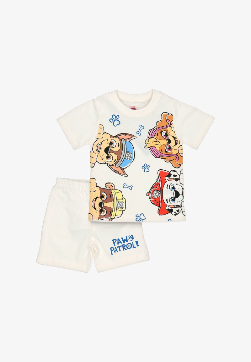 Robe blanche pour enfants avec des personnages de Paw Patrol sur le t-shirt et le texte "Paw Patrol!" sur le short.
