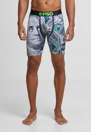 Herrenboxershorts mit einem grafischen Druck von Geldscheinen und dem Gesicht von Benjamin Franklin. Hergestellt aus elastischem Stoff mit einem schwarzen Bund.