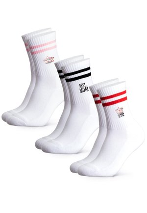 Three pairs of white socks with colored stripes and text: pink "SUPER MOM," black "BEST MOM," and red "QUEEN MOM" on ankles.