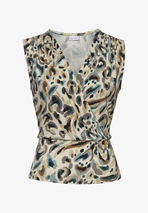 Wickelbluse aus leichtem Material mit einem mehrfarbigen abstrakten Leopardenmuster in Blau-, Beige- und Brauntönen.