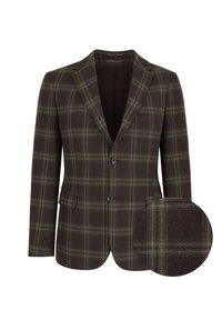 Brązowy blazer w kratę wykonany z teksturowanej tkaniny, z zapięciem na dwa guziki, klapami typu notch i kieszenią. Zawiera zbliżenie próbki materiału.