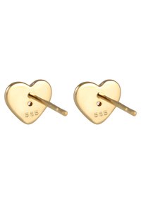 Goldene herzförmige Ohrstecker mit polierter Oberfläche, ausgestattet mit einer Post- und Verschlusskappe. Mit "585" für die Goldgehaltsgarantie gekennzeichnet.