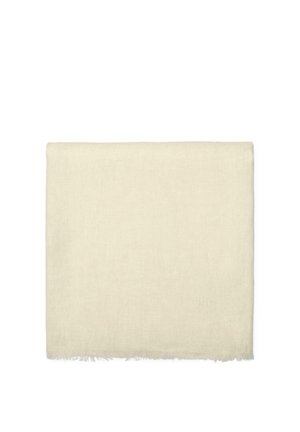 Blød, ensfarvet tørklæde i cremefarve med diskrete frynsekantede kanter, lagt fladt på en hvid baggrund.