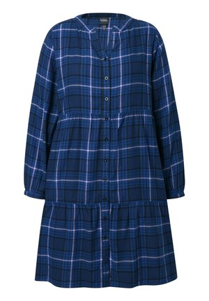 Blauwe en zwarte ruitjes jurk met lange mouwen, knoopsluiting aan de voorkant en een gelaagde rok.