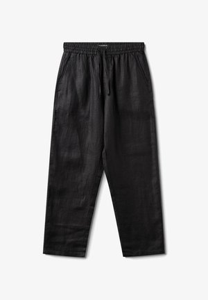 Mustat pellavahousut, joissa on elastinen vyötärö ja nauha, kahdella sivutaskulla ja rento istuvuus, sileä pinta.